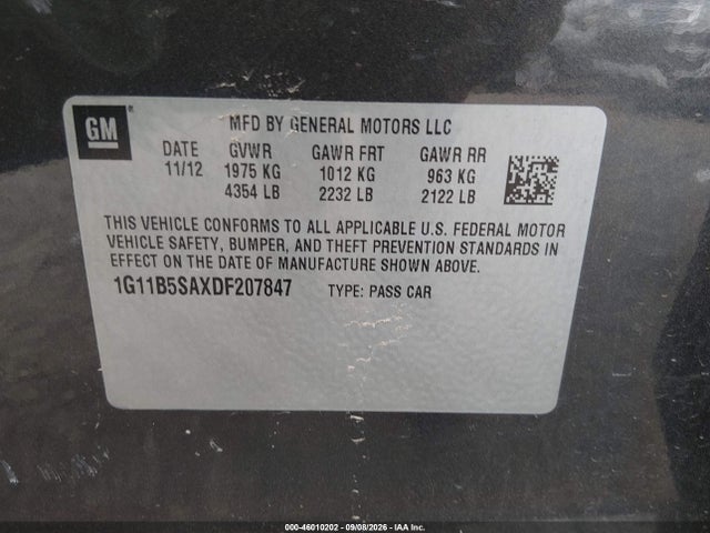 Продажа на аукционе авто 2013 Chevrolet Malibu 1ls, vin: 1G11B5SAXDF207847, номер лота: 46010202
