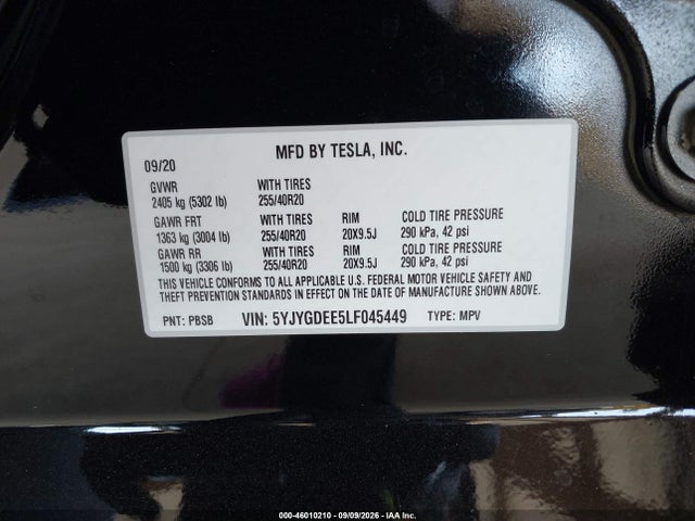 Aukcja sprzedaży 2020 Tesla Model Y Long Range Dual Motor All-wheel Drive, vin: 5YJYGDEE5LF045449, numer aukcji: 46010210