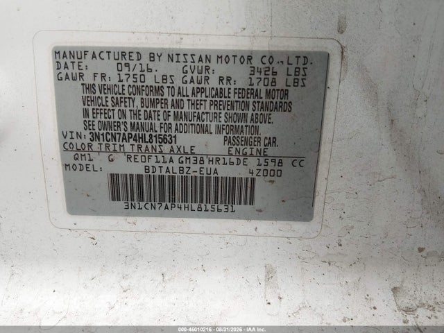 46010216 :رقم المزاد ، 3N1CN7AP4HL815631 vin ، 2017 Nissan Versa 1.6 Sv مزاد بيع