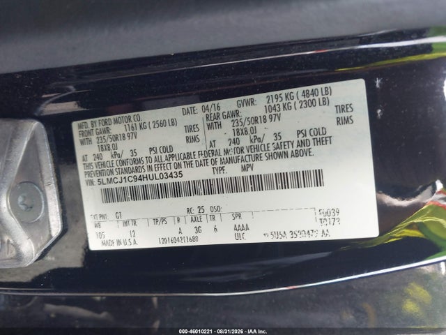 Продажа на аукционе авто 2017 Lincoln Mkc Premiere, vin: 5LMCJ1C94HUL03435, номер лота: 46010221