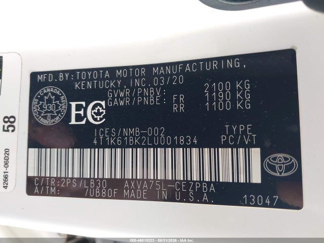Продаж на аукціоні авто 2020 Toyota Camry Xse, vin: 4T1K61BK2LU001834, номер лоту: 46010223