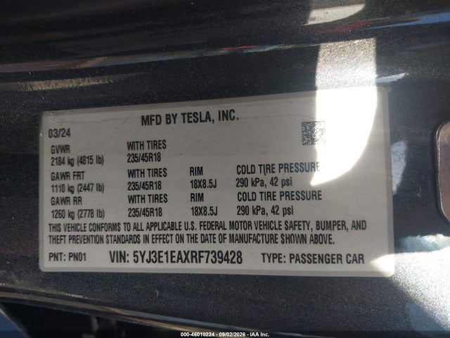 Aukcja sprzedaży 2024 Tesla Model 3, vin: 5YJ3E1EAXRF739428, numer aukcji: 46010224