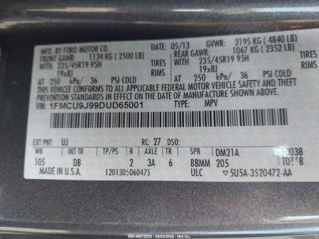 Aukcja sprzedaży 2013 Ford Escape Titanium, vin: 1FMCU9J99DUD65001, numer aukcji: 46010225