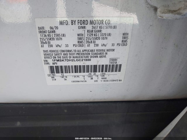 46010234 :رقم المزاد ، 1FMSK7DH2LGC21800 vin ، 2020 Ford Explorer Xlt مزاد بيع