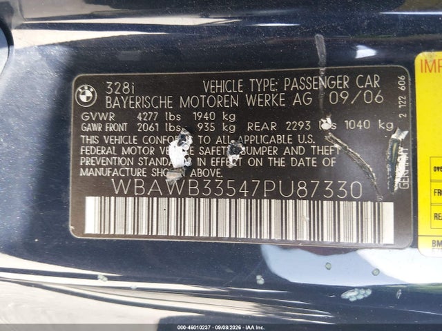 Продаж на аукціоні авто 2007 Bmw 328 I, vin: WBAWB33547PU87330, номер лоту: 46010237