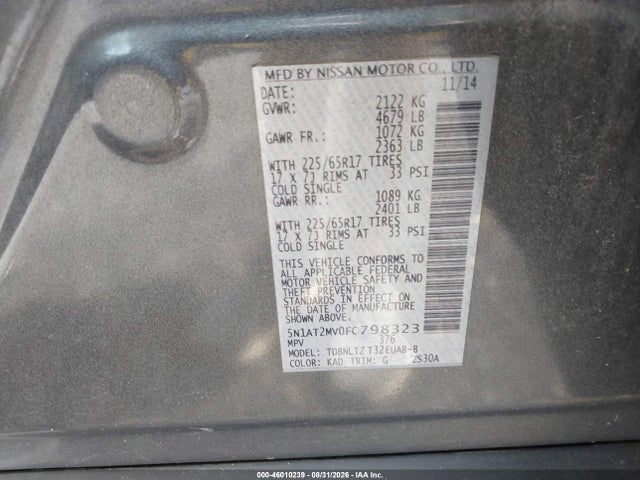 Aukcja sprzedaży 2015 Nissan Rogue Sv, vin: 5N1AT2MV0FC798323, numer aukcji: 46010239