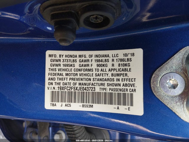 46010243 :رقم المزاد ، 19XFC2F5XJE043723 vin ، 2018 Honda Civic Lx مزاد بيع