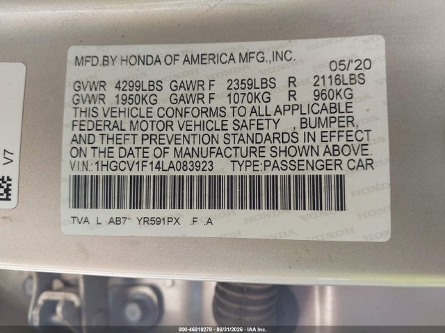 Продаж на аукціоні авто 2020 Honda Accord Lx, vin: 1HGCV1F14LA083923, номер лоту: 46010270