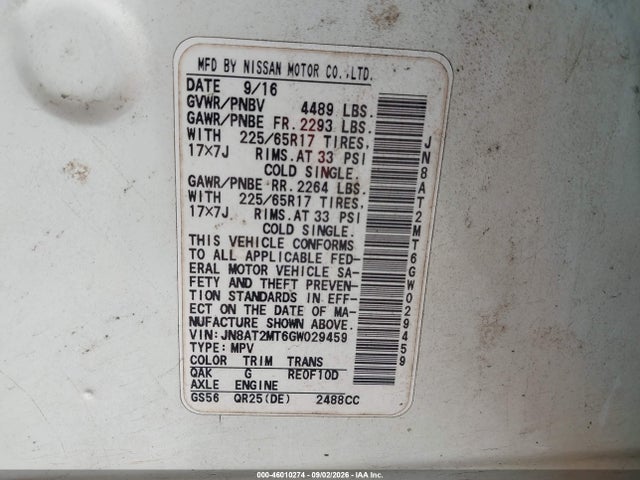 46010274 :رقم المزاد ، JN8AT2MT6GW029459 vin ، 2016 Nissan Rogue Sv مزاد بيع