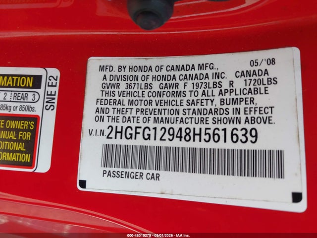 2008 Honda Civic Ex-l მანქანა იყიდება აუქციონზე, vin: 2HGFG12948H561639, აუქციონის ნომერი: 46010279