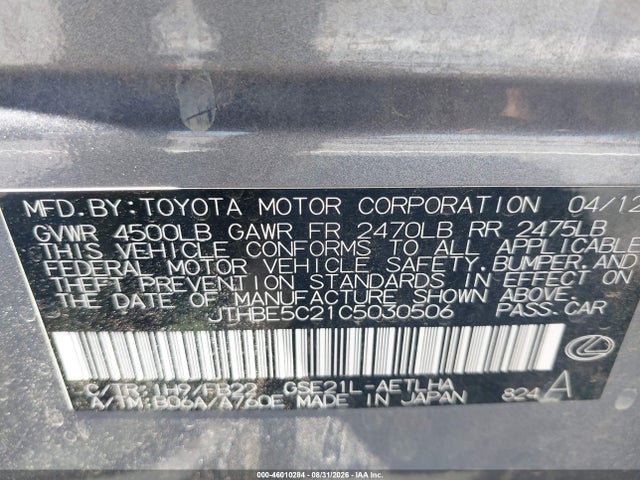 2012 Lexus Is 350 მანქანა იყიდება აუქციონზე, vin: JTHBE5C21C5030506, აუქციონის ნომერი: 46010284