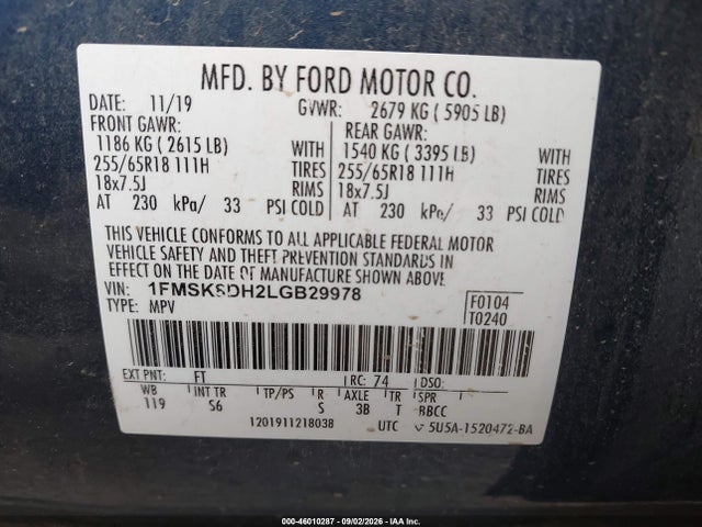 Ford EXPLORER XLT 2020 1FMSK8DH2LGB29978 Image 9