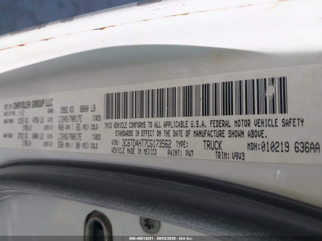 Aukcja sprzedaży 2012 Ram 2500 St, vin: 3C6TD4HT7CG173562, numer aukcji: 46010291