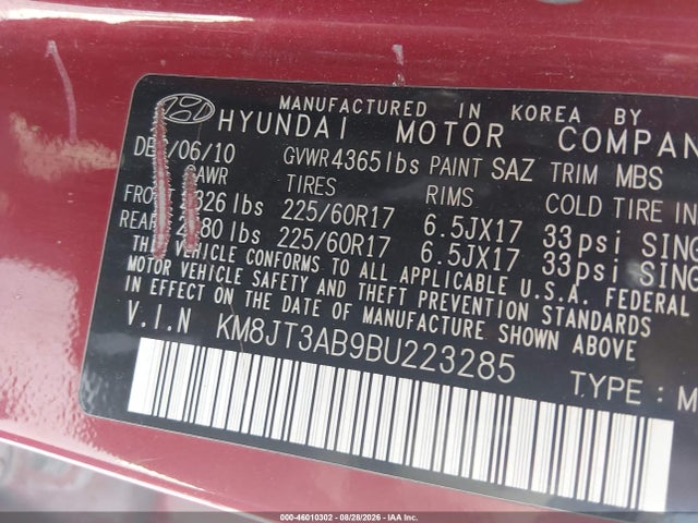 2011 Hyundai Tucson Gl მანქანა იყიდება აუქციონზე, vin: KM8JT3AB9BU223285, აუქციონის ნომერი: 46010302