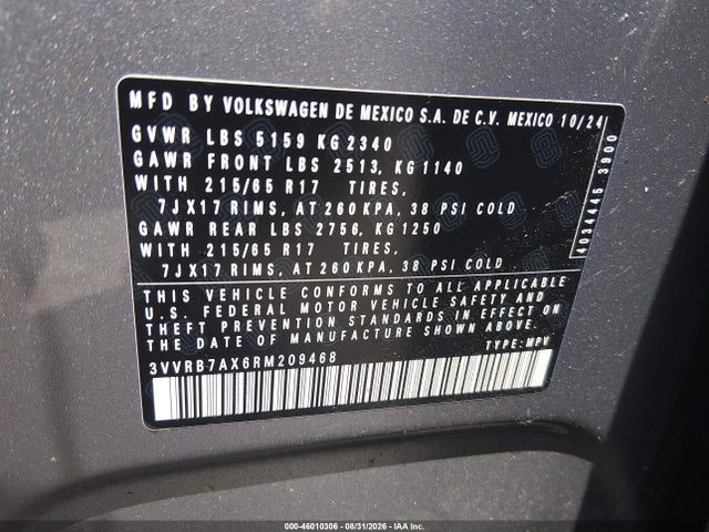 2024 Volkswagen Tiguan 2.0t S მანქანა იყიდება აუქციონზე, vin: 3VVRB7AX6RM209468, აუქციონის ნომერი: 46010306