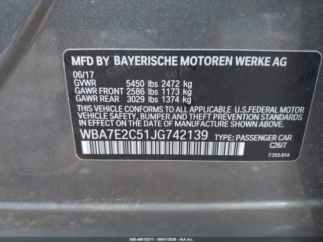 Продаж на аукціоні авто 2018 Bmw 740i, vin: WBA7E2C51JG742139, номер лоту: 46010311