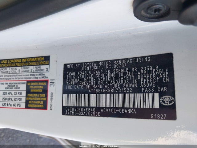 46010312 :رقم المزاد ، 4T1BE46K98U731522 vin ، 2008 Toyota Camry Le مزاد بيع