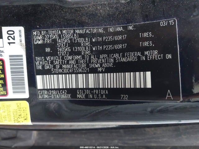 46010314 :رقم المزاد ، 5TDYK3DC4FS596321 vin ، 2015 Toyota Sienna Xle Premium 8 Passenger مزاد بيع