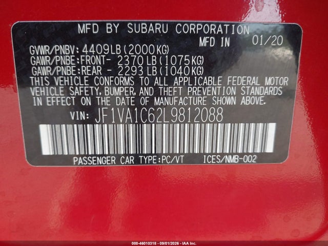 46010318 :رقم المزاد ، JF1VA1C62L9812088 vin ، 2020 Subaru Wrx Premium مزاد بيع