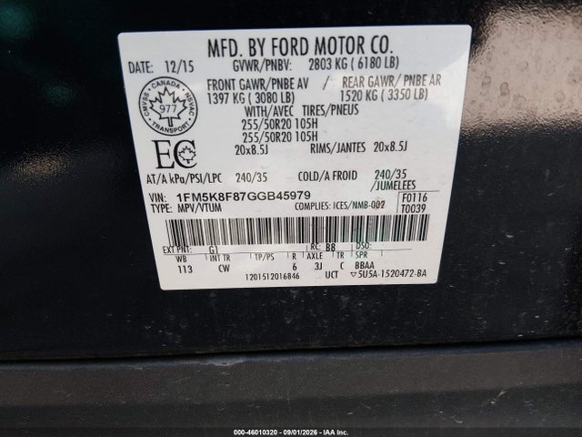 46010320 :رقم المزاد ، 1FM5K8F87GGB45979 vin ، 2016 Ford Explorer Limited مزاد بيع