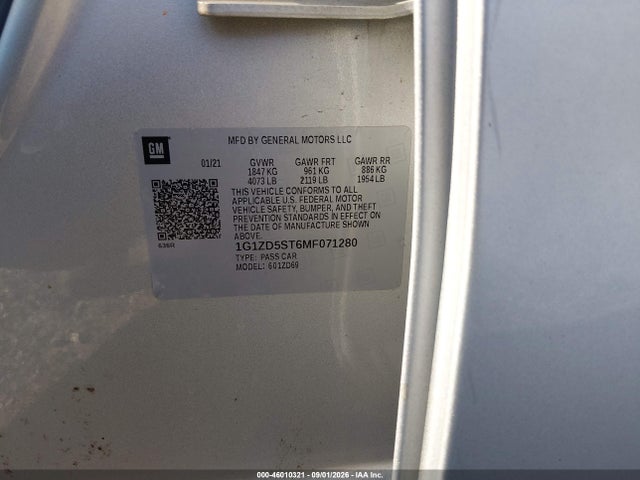 Продажа на аукционе авто 2021 Chevrolet Malibu Fwd Lt, vin: 1G1ZD5ST6MF071280, номер лота: 46010321