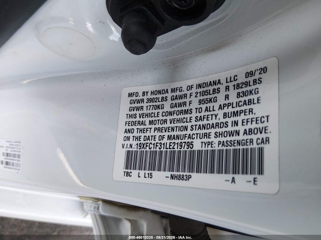 46010328 :رقم المزاد ، 19XFC1F31LE219795 vin ، 2020 Honda Civic Ex مزاد بيع