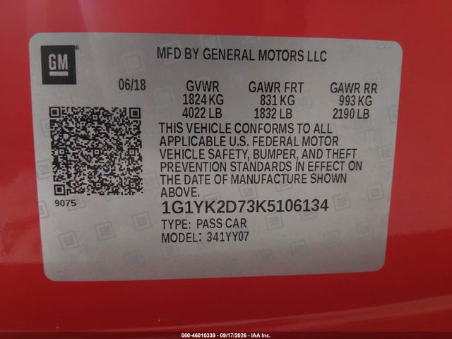 2019 Chevrolet Corvette Stingray Z51 მანქანა იყიდება აუქციონზე, vin: 1G1YK2D73K5106134, აუქციონის ნომერი: 46010339