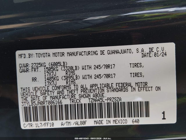 Продаж на аукціоні авто 2024 Toyota Tacoma Sr5, vin: 3TYLB5JN0RT006166, номер лоту: 46010343