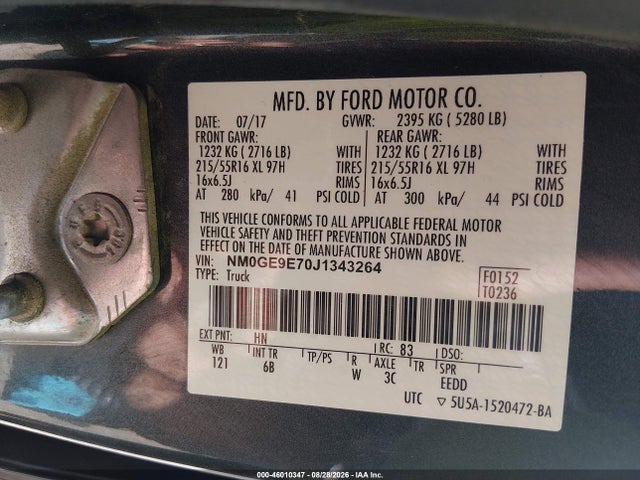 Продаж на аукціоні авто 2018 Ford Transit Connect Xl, vin: NM0GE9E70J1343264, номер лоту: 46010347