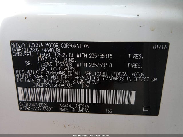 2016 Toyota Rav4 Se მანქანა იყიდება აუქციონზე, vin: JTMJFREV1GD185934, აუქციონის ნომერი: 46010367