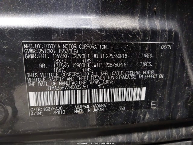 46010372 :رقم المزاد ، JTMAB3FV3MD032961 vin ، 2021 Toyota Rav4 Prime Se مزاد بيع