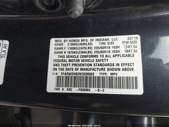 Aukcja sprzedaży 2019 Honda Cr-v Ex-l, vin: 7FARW2H82KE039502, numer aukcji: 46010380