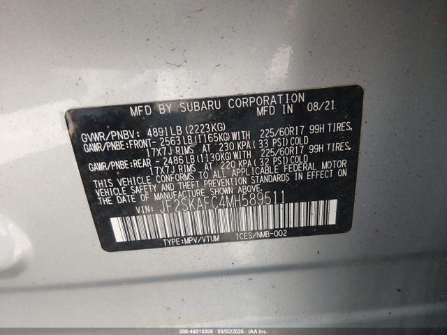 Продажа на аукционе авто 2021 Subaru Forester Premium, vin: JF2SKAFC4MH589511, номер лота: 46010386