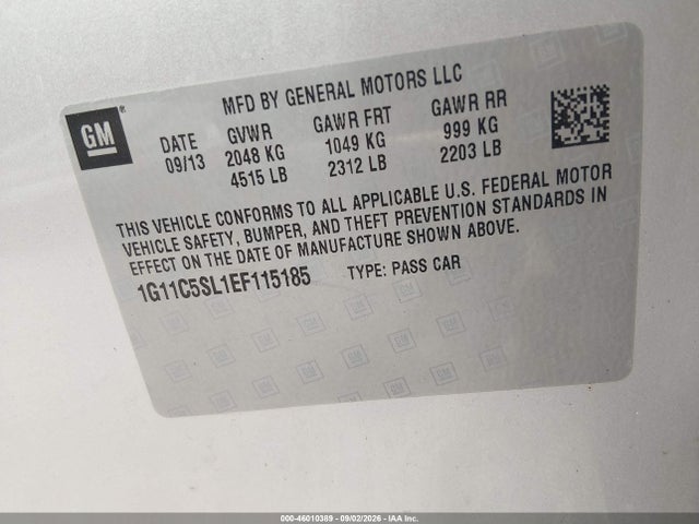 46010389 :رقم المزاد ، 1G11C5SL1EF115185 vin ، 2014 Chevrolet Malibu 1lt مزاد بيع