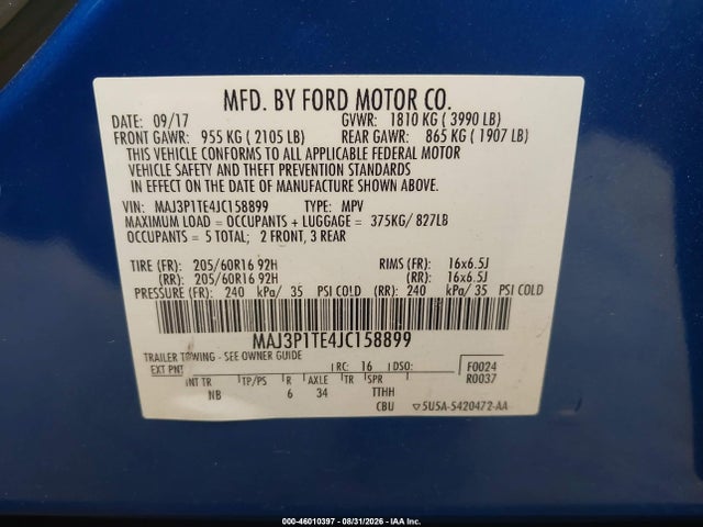 2018 Ford Ecosport Se მანქანა იყიდება აუქციონზე, vin: MAJ3P1TE4JC158899, აუქციონის ნომერი: 46010397