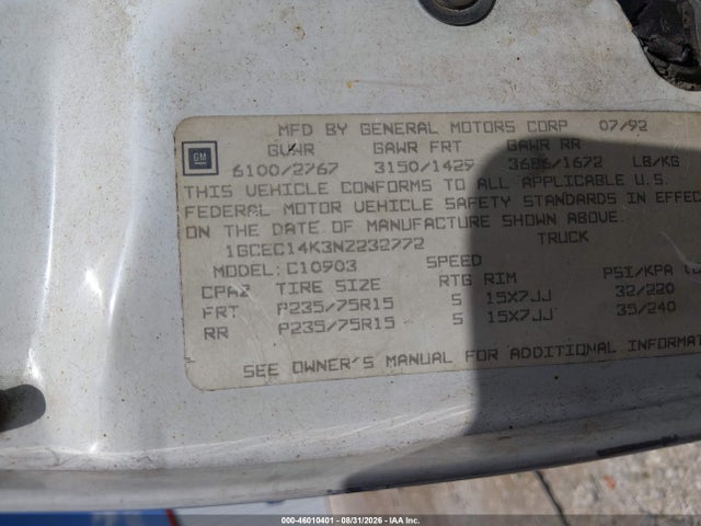 46010401 :رقم المزاد ، 1GCEC14K3NZ232772 vin ، 1992 Chevrolet Gmt-400 C1500 مزاد بيع