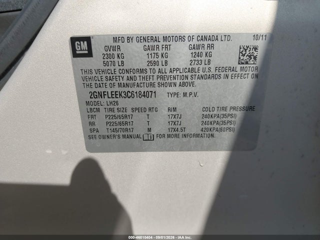 Продажа на аукционе авто 2012 Chevrolet Equinox 1lt, vin: 2GNFLEEK3C6184071, номер лота: 46010404