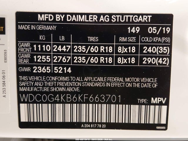 Aukcja sprzedaży 2019 Mercedes-benz Glc 300 4matic, vin: WDC0G4KB6KF663701, numer aukcji: 46010418