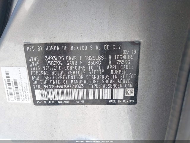 46010445 :رقم المزاد ، 3HGGK5H40KM721093 vin ، 2019 Honda Fit Lx مزاد بيع