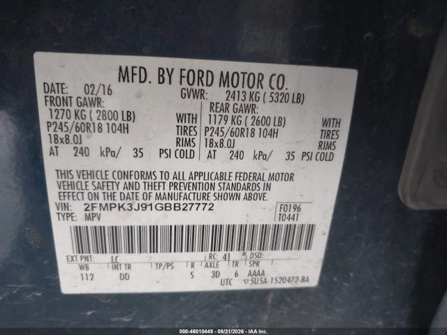 Aukcja sprzedaży 2016 Ford Edge Sel, vin: 2FMPK3J91GBB27772, numer aukcji: 46010449
