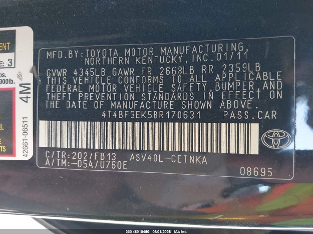 Продаж на аукціоні авто 2011 Toyota Camry, vin: 4T4BF3EK5BR170631, номер лоту: 46010460