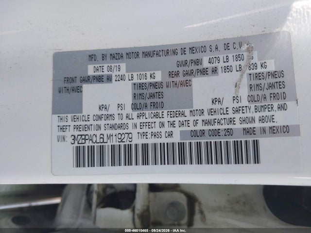 2020 Mazda Mazda3 Select Package მანქანა იყიდება აუქციონზე, vin: 3MZBPACL6LM119279, აუქციონის ნომერი: 46010465