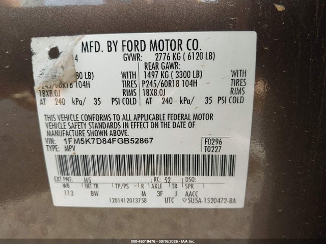 Aukcja sprzedaży 2015 Ford Explorer Xlt, vin: 1FM5K7D84FGB52867, numer aukcji: 46010476