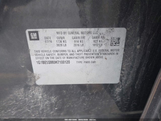 Продаж на аукціоні авто 2017 Chevrolet Cruze Lt Auto, vin: 1G1BE5SM0H7100120, номер лоту: 46010486