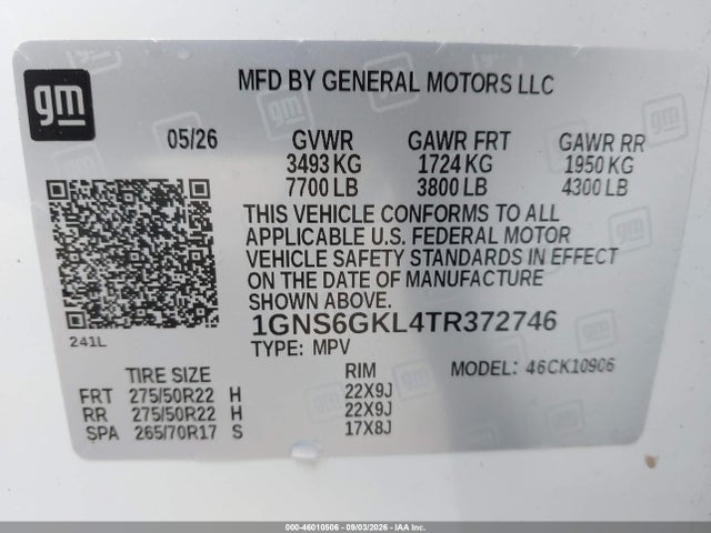 Aukcja sprzedaży 2026 Chevrolet Suburban High Country, 4wd, vin: 1GNS6GKL4TR372746, numer aukcji: 46010506