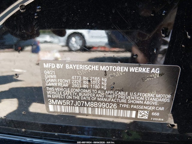 46010524 :رقم المزاد ، 3MW5R7J07M8B99026 vin ، 2021 Bmw 330i Xdrive مزاد بيع