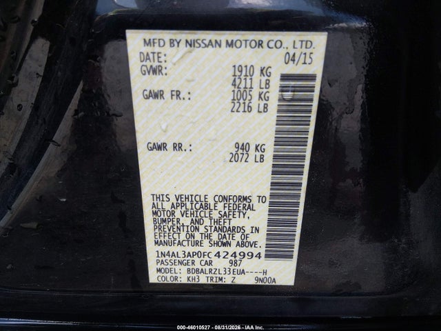 Aukcja sprzedaży 2015 Nissan Altima 2.5 Sl, vin: 1N4AL3AP0FC424994, numer aukcji: 46010527