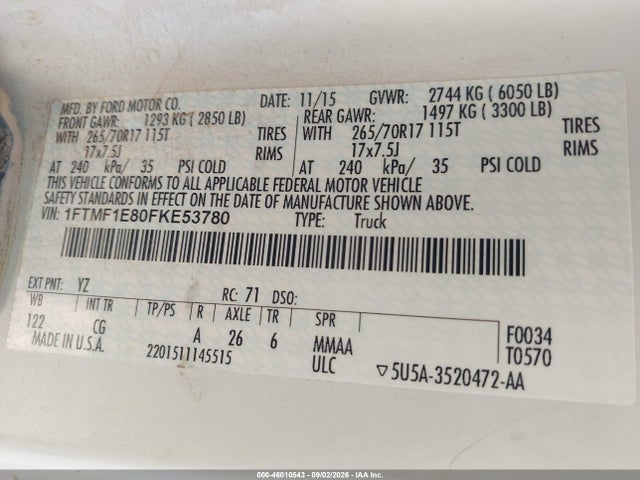 Aukcja sprzedaży 2015 Ford F-150 Xl, vin: 1FTMF1E80FKE53780, numer aukcji: 46010543
