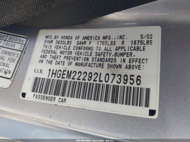 Продаж на аукціоні авто 2002 Honda Civic Dx, vin: 1HGEM22292L073956, номер лоту: 46010560