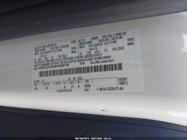 46010573 :رقم المزاد ، 1FBAX2Y8XSKA08768 vin ، 2025 Ford Transit-350 Passenger Van Xlt مزاد بيع